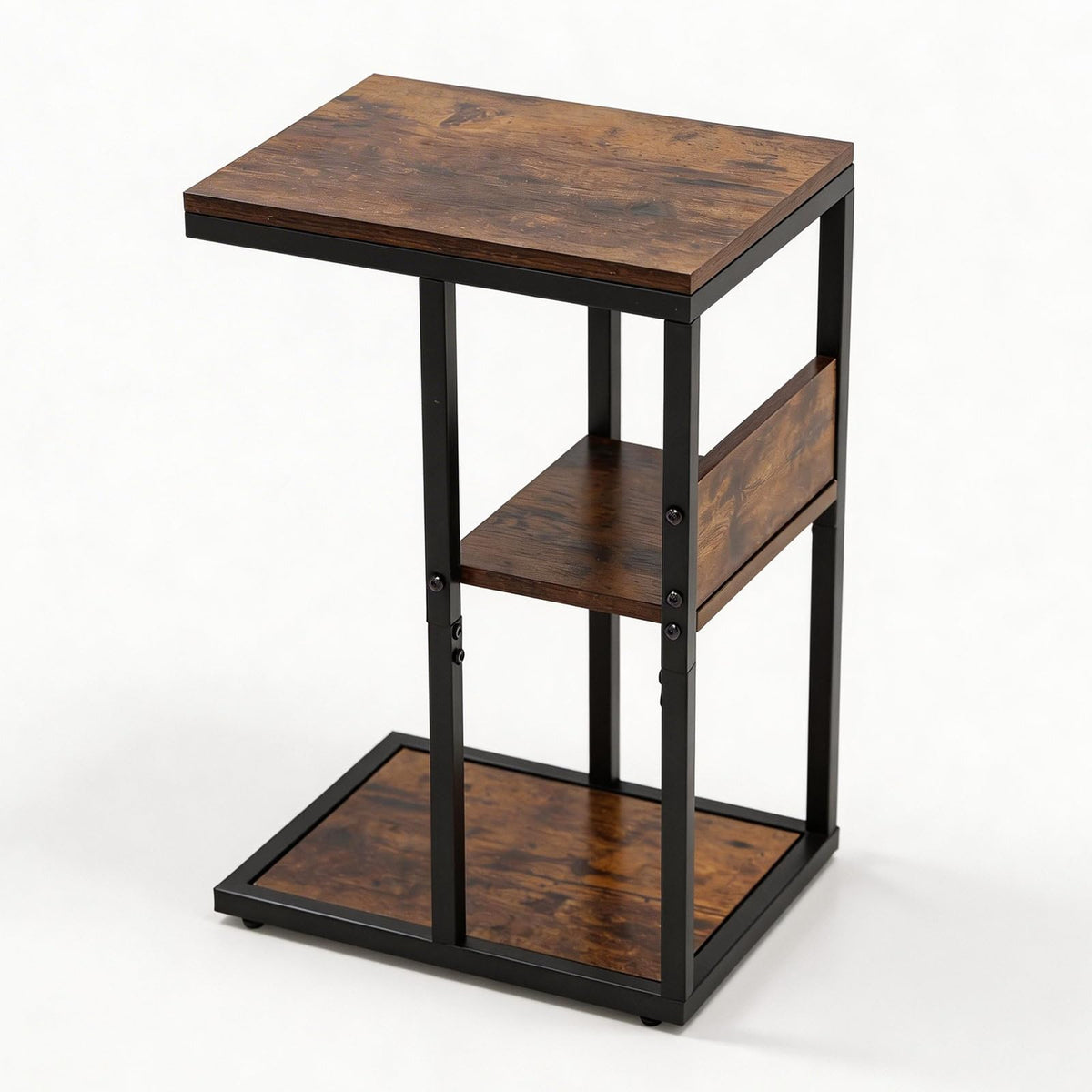 Brown 3 Tier C-Shaped Side Table with Storage Shelves and Metal Frame L87123