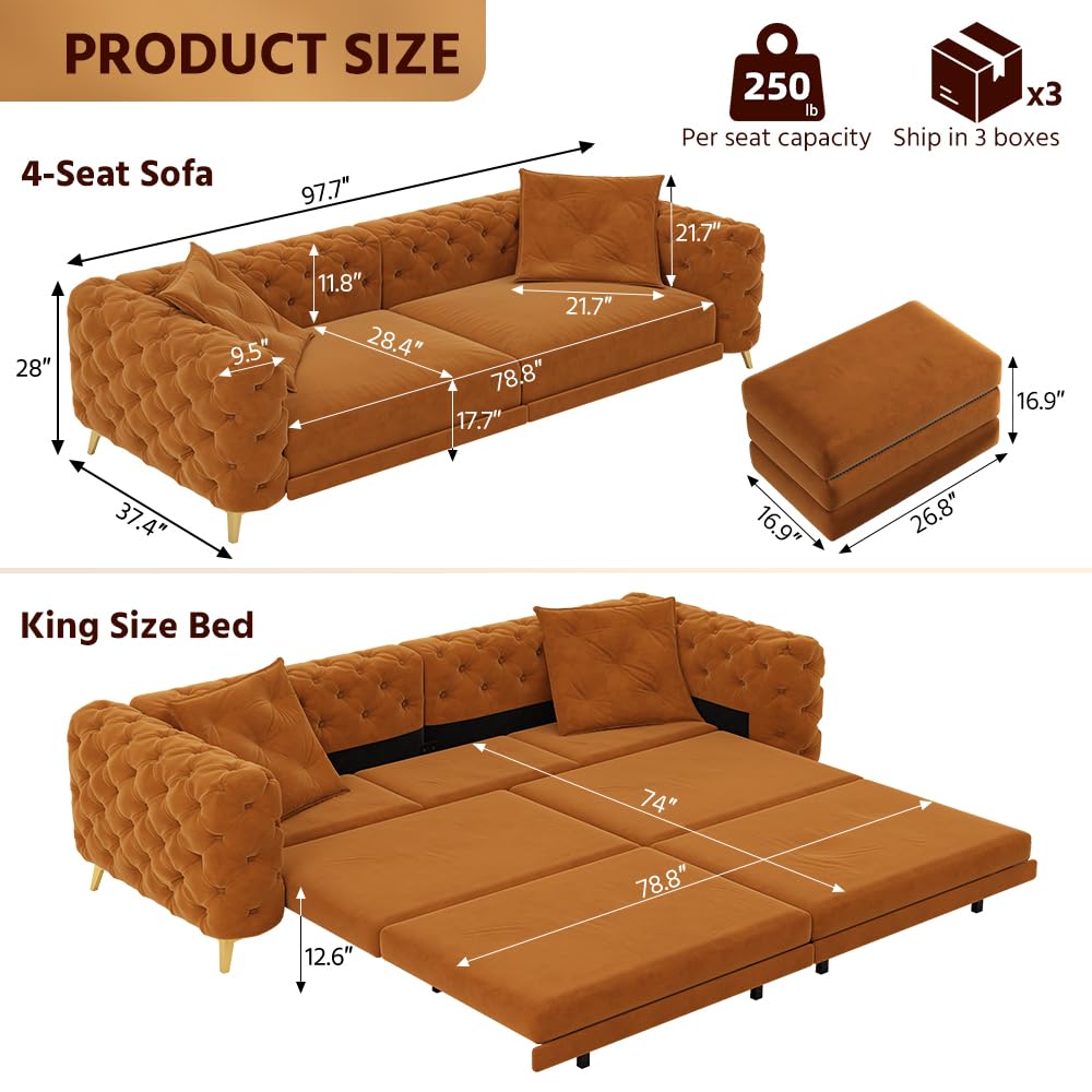 Orange Velvet Convertible Sleeper Sofa with Ottoman Q2713