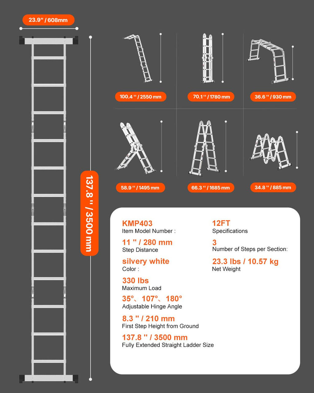 Multi-Purpose Folding Ladder, 7-in-1 Adjustable Telescoping Ladder, 330 lbs Capacity O864