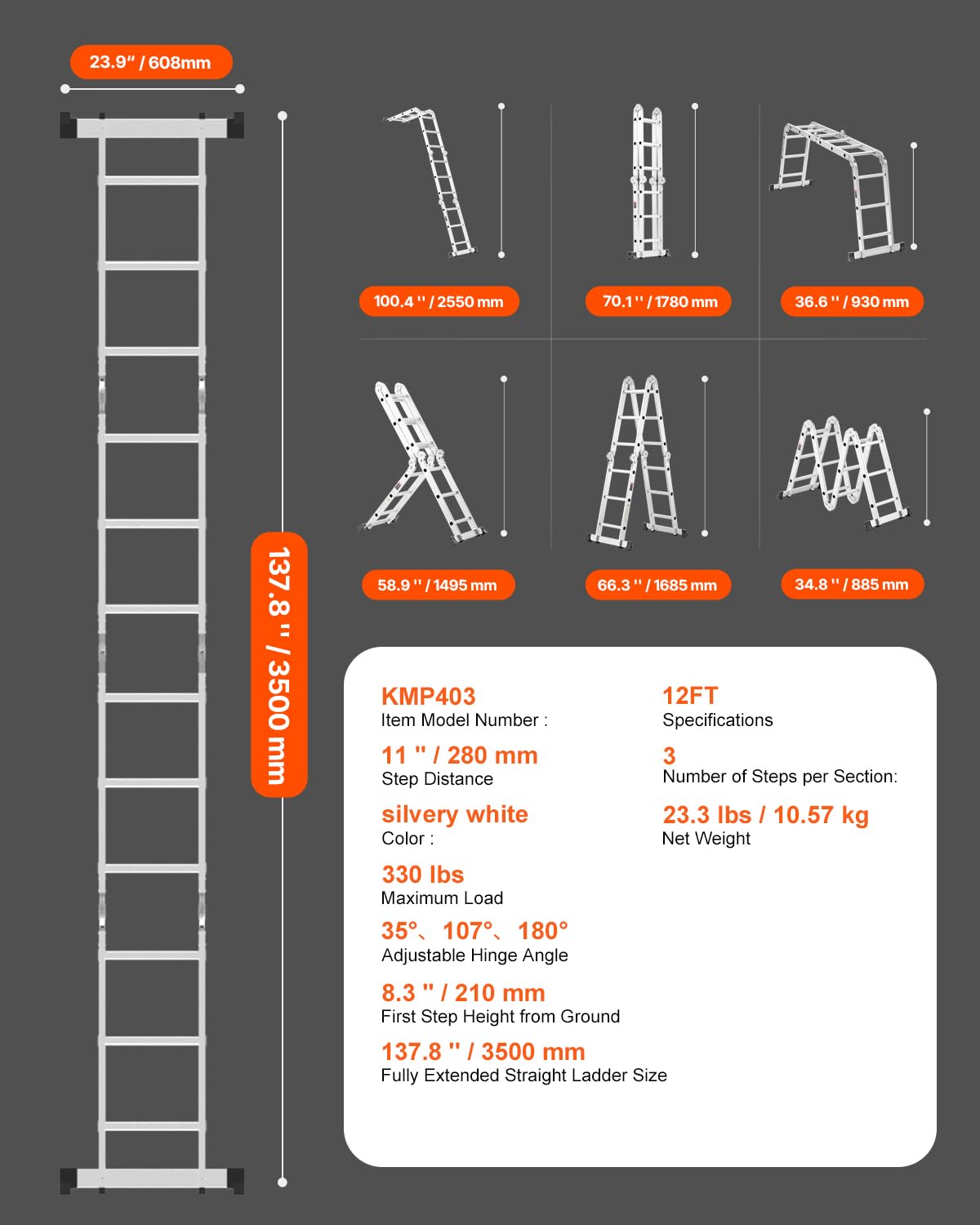 Multi-Purpose Folding Ladder, 7-in-1 Adjustable Telescoping Ladder, 330 lbs Capacity O864