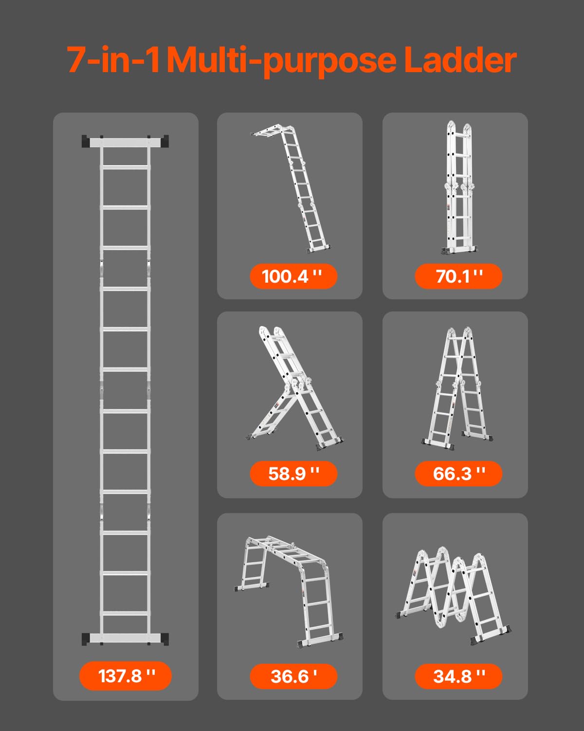 Multi-Purpose Folding Ladder, 7-in-1 Adjustable Telescoping Ladder, 330 lbs Capacity O864