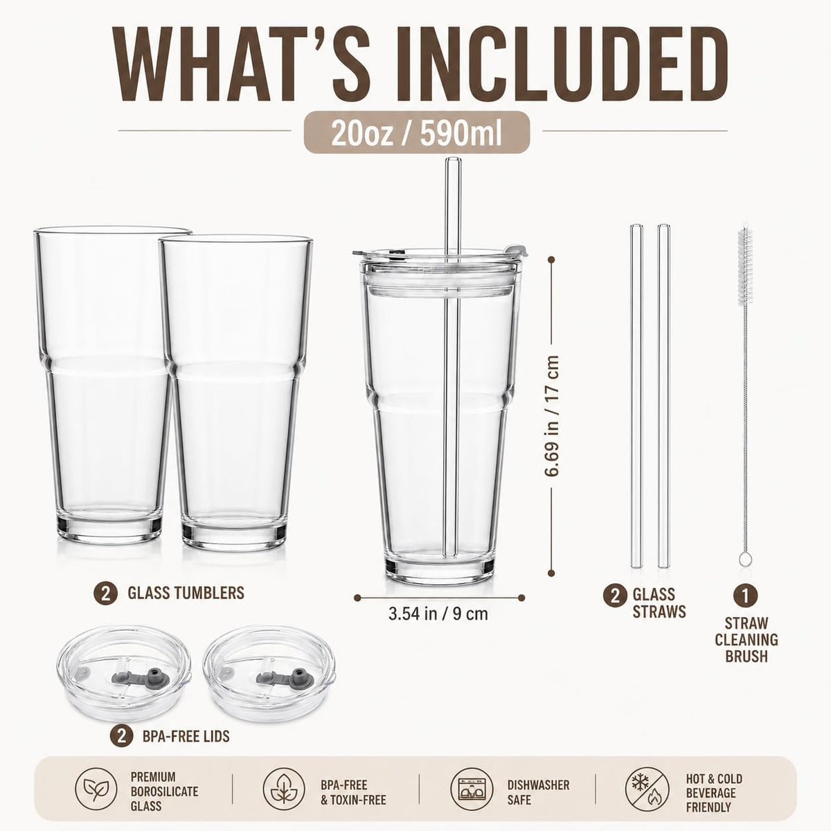 20oz Clear Glass Tumbler with Lid and Straws, Set of 2 U217