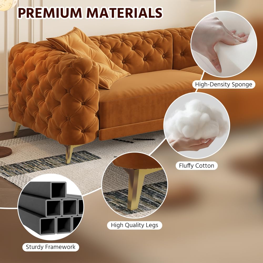 Orange Velvet Convertible Sleeper Sofa with Ottoman Q2713