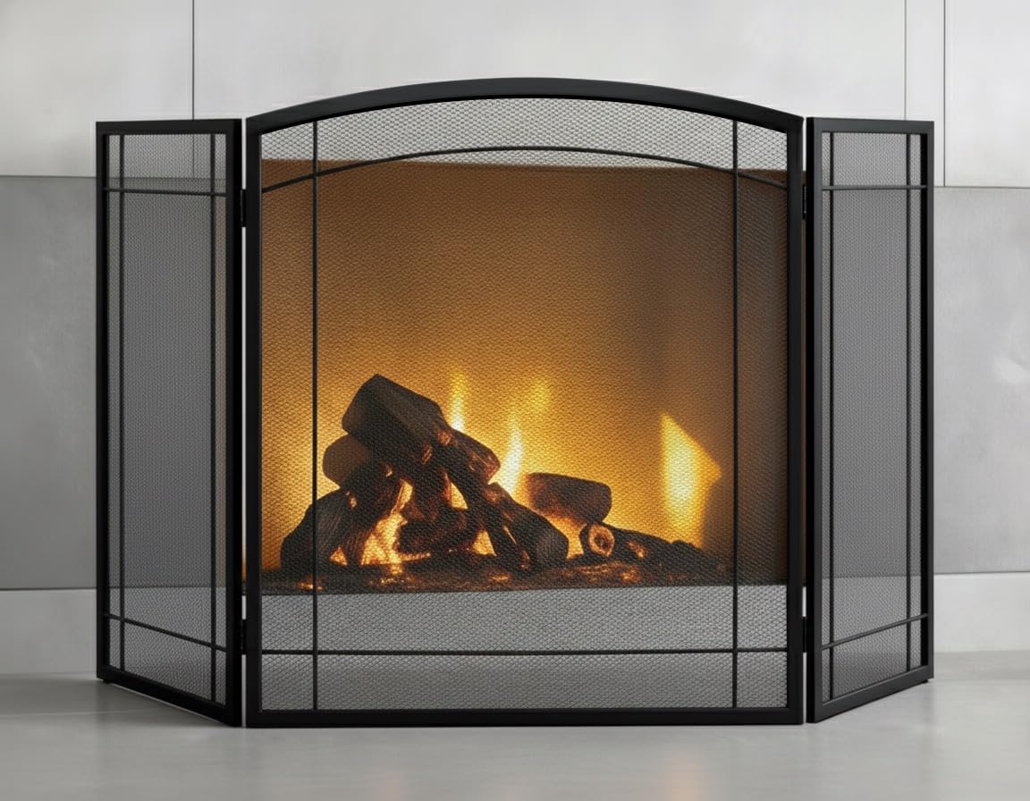 3 Panel 48" W x 29" H Foldable Wrought Metal Decorative Mesh Fireplace Screen R694