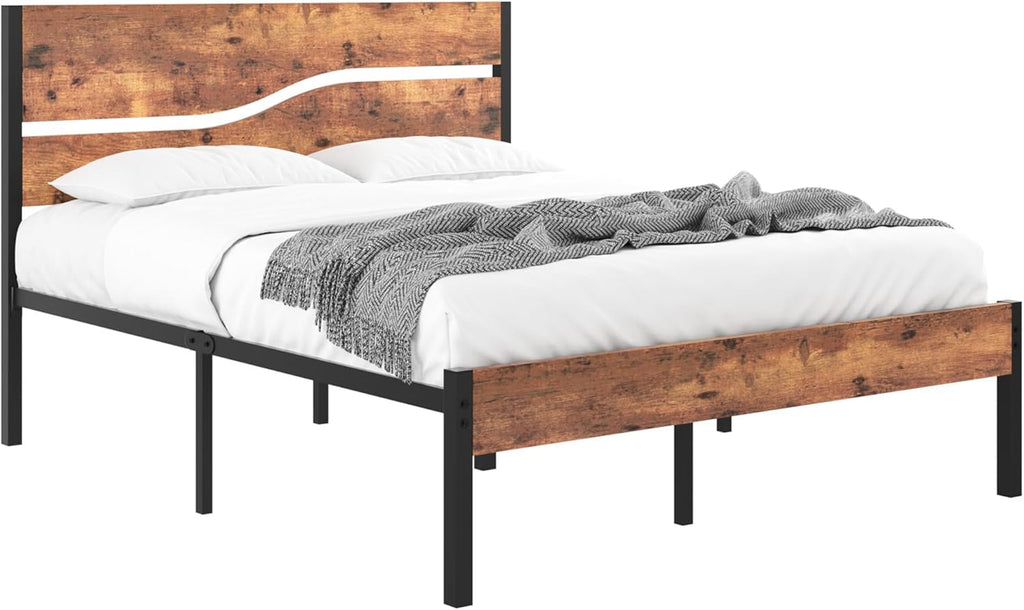Full Size Metal Platform Bed with Wooden Headboard and Footboard J68681