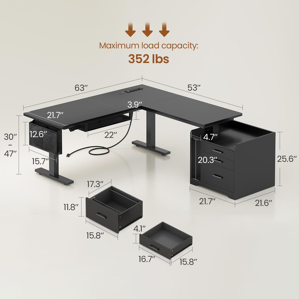L Shaped Standing Desk with File Cabinet S9323