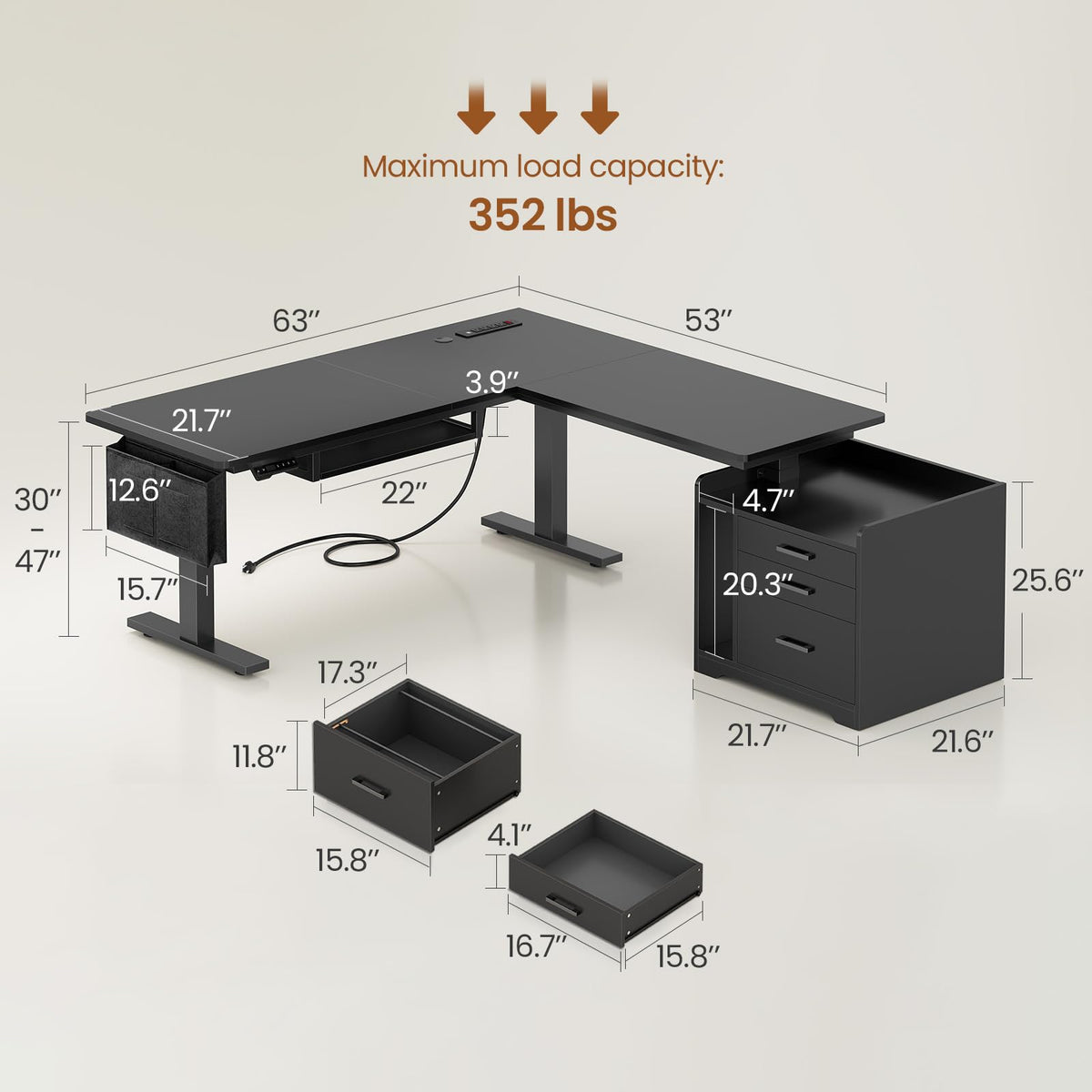 L Shaped Standing Desk with File Cabinet S9323