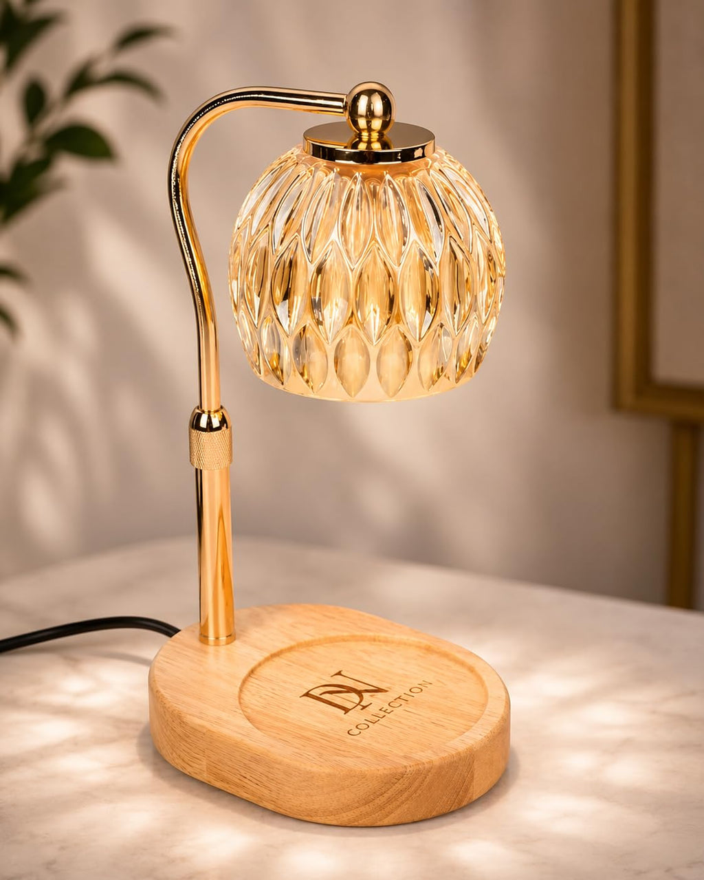 Candle Warmer Lamp with Timer & Dimmer, Adjustable Height, Crystal Glass Shade, Wooden Base, Gold S5100