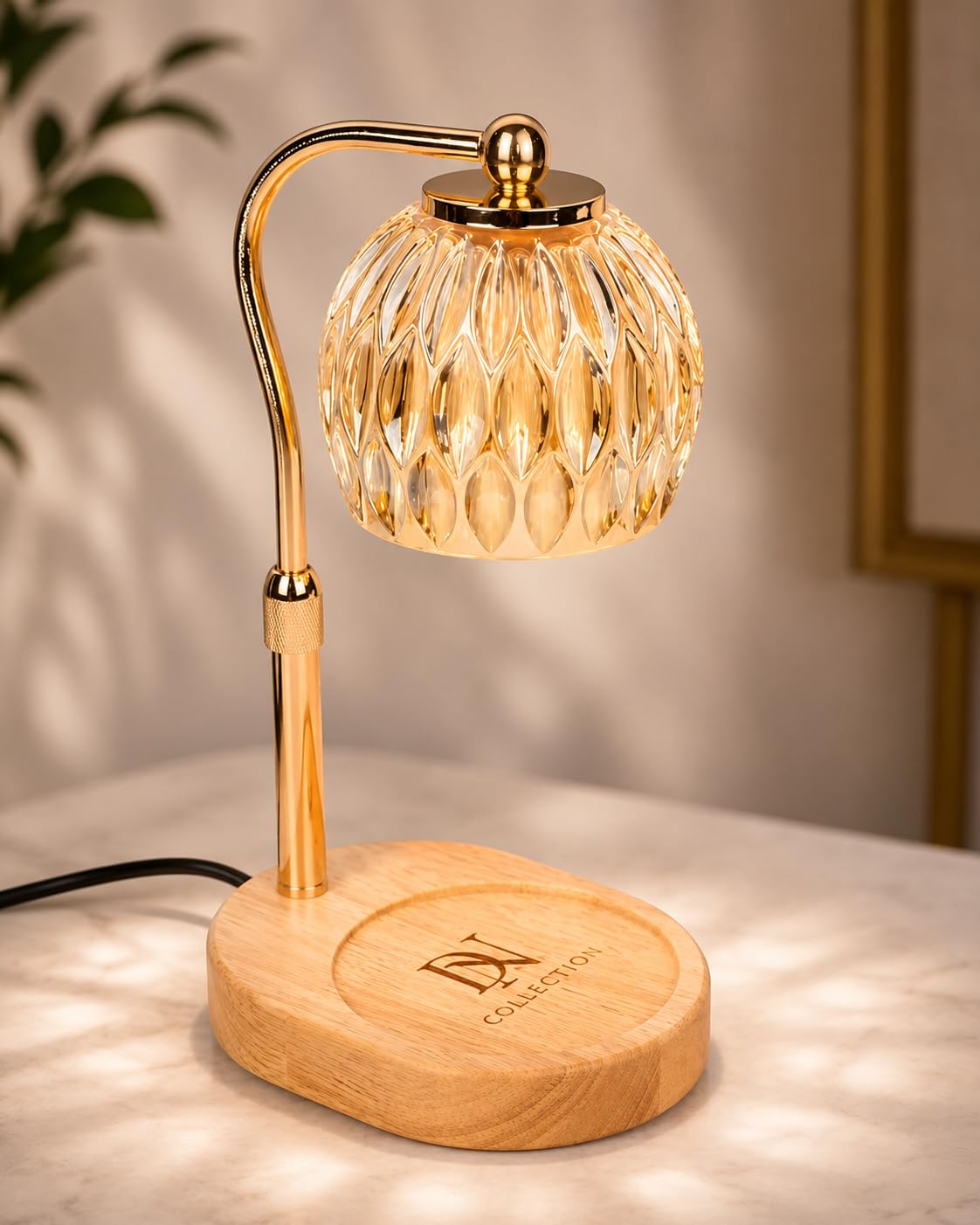 Candle Warmer Lamp with Timer & Dimmer, Adjustable Height, Crystal Glass Shade, Wooden Base, Gold S5100