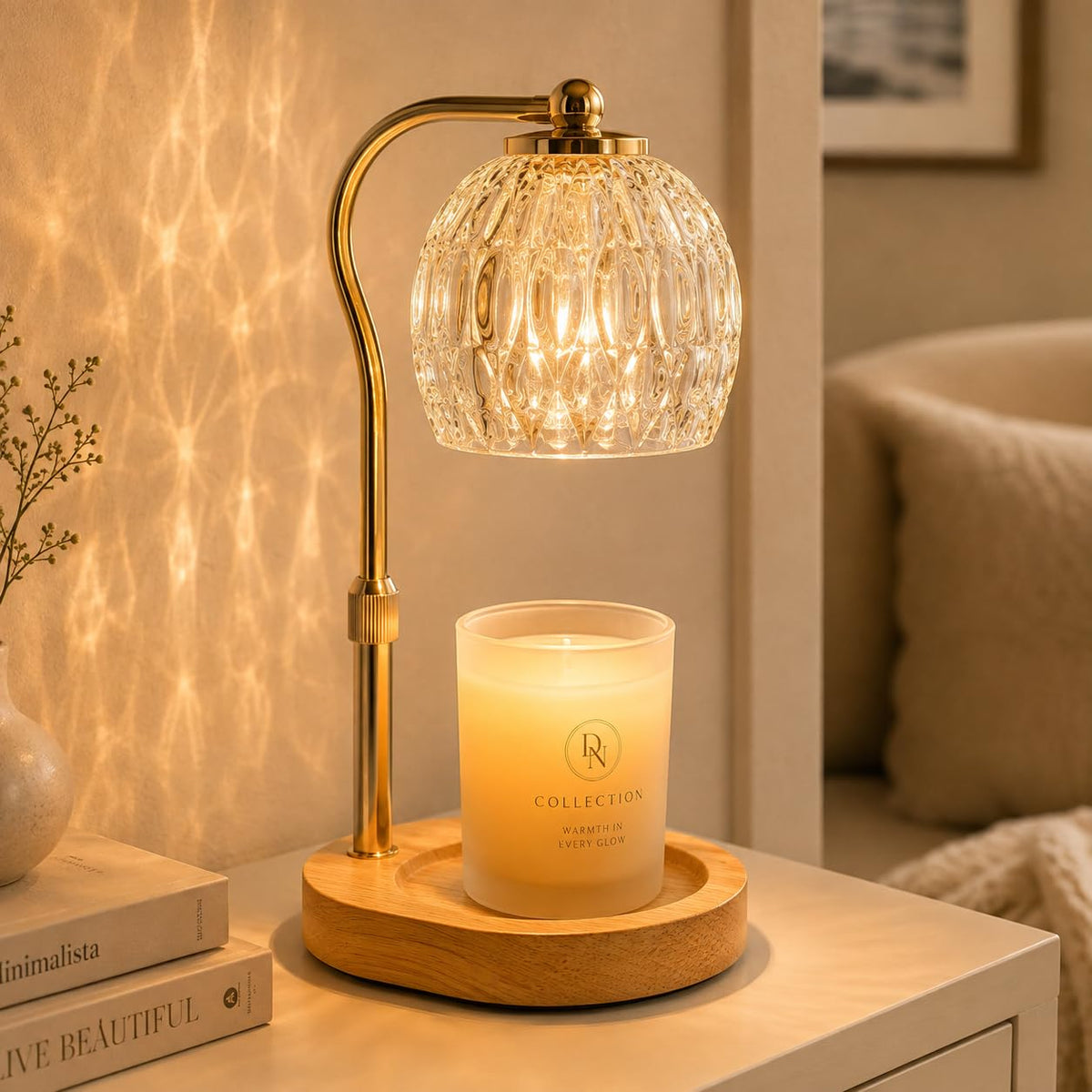 Candle Warmer Lamp with Timer & Dimmer, Adjustable Height, Crystal Glass Shade, Wooden Base, Gold S5100