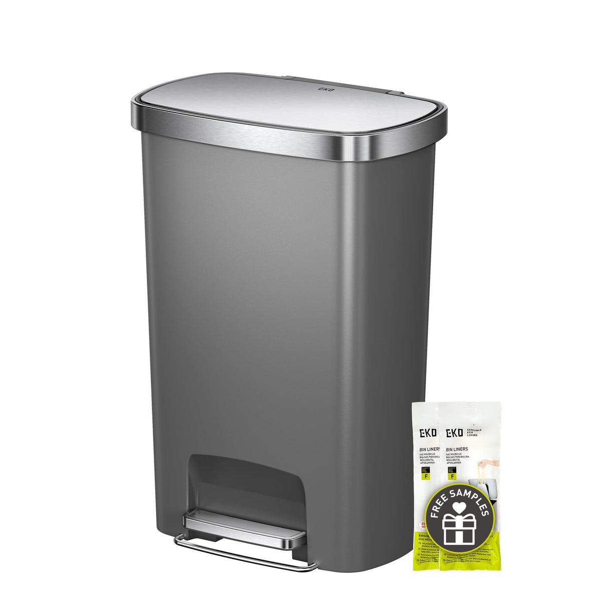 13.2 Gallon / 50L Grey Plastic Step Trash Can with Stainless Steel Lid J250029