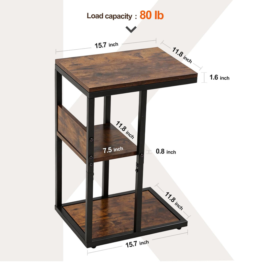 Brown 3 Tier C-Shaped Side Table with Storage Shelves and Metal Frame L87123