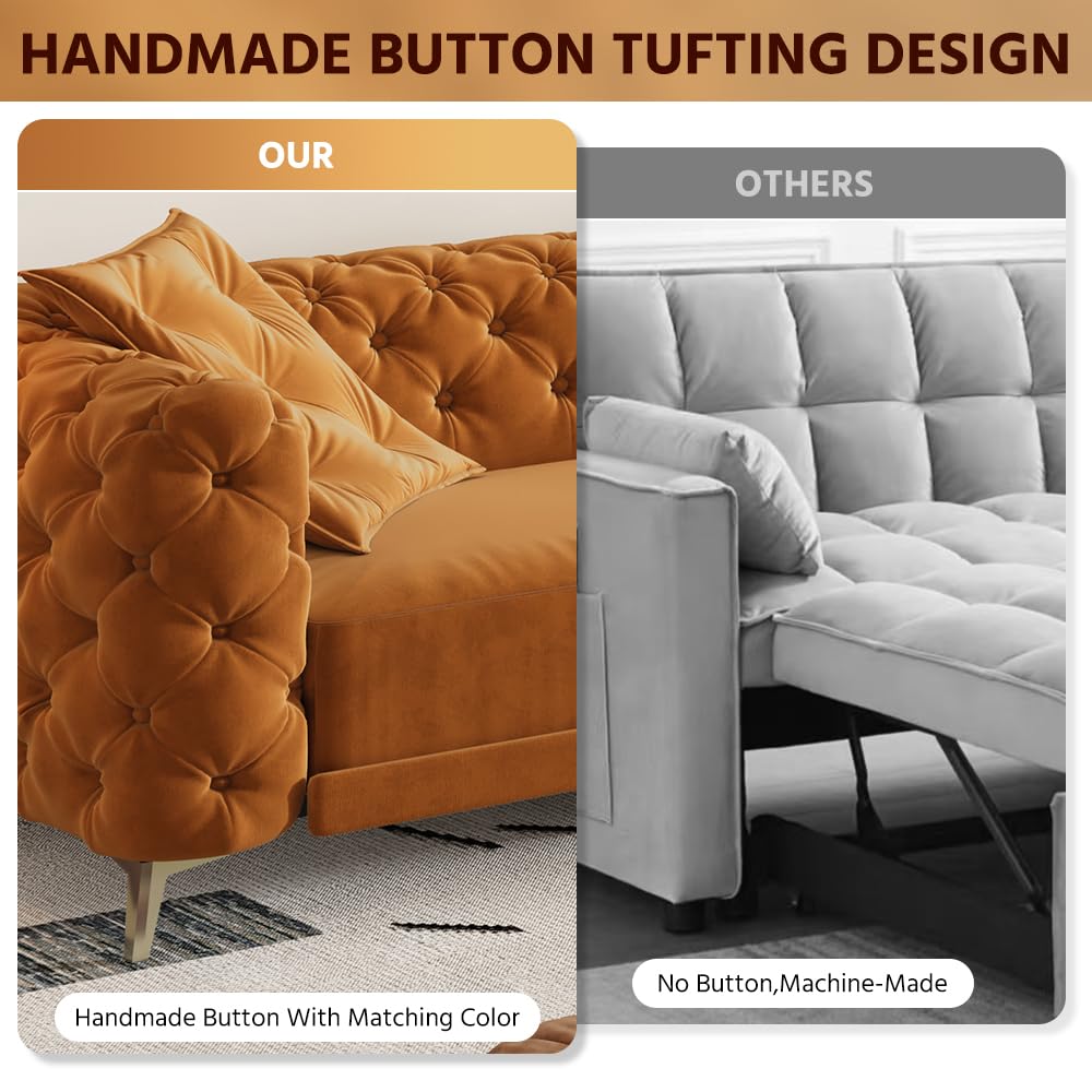Orange Velvet Convertible Sleeper Sofa with Ottoman Q2713