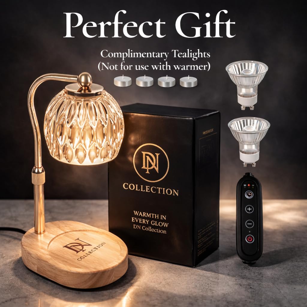 Candle Warmer Lamp with Timer & Dimmer, Adjustable Height, Crystal Glass Shade, Wooden Base, Gold S5100