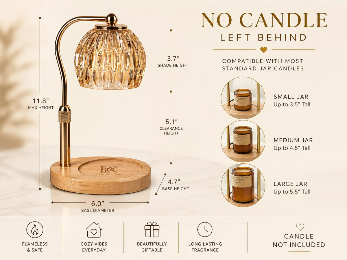 Candle Warmer Lamp with Timer & Dimmer, Adjustable Height, Crystal Glass Shade, Wooden Base, Gold S5100