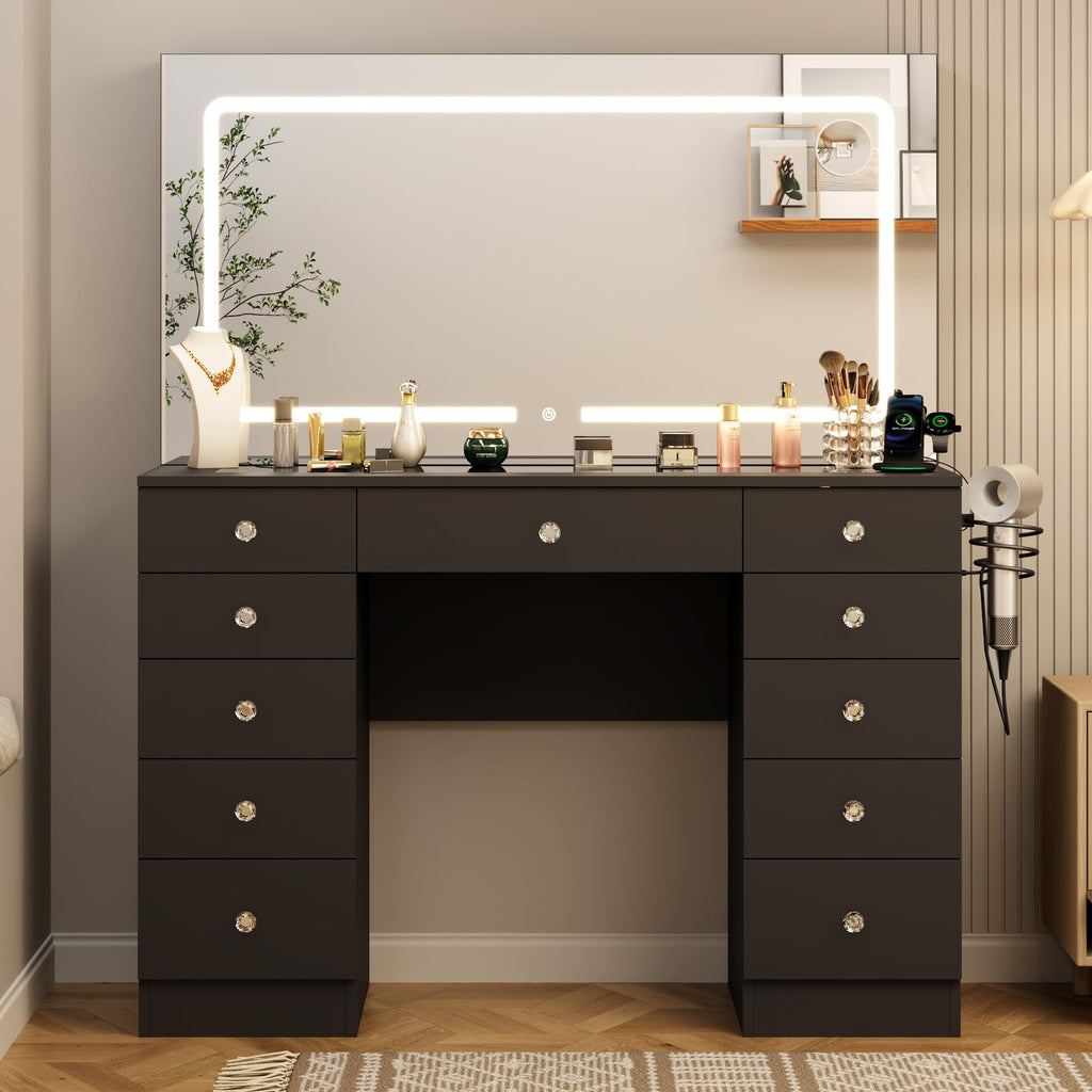 Black 11 Drawer Vanity Desk with Lighted Mirror L632645