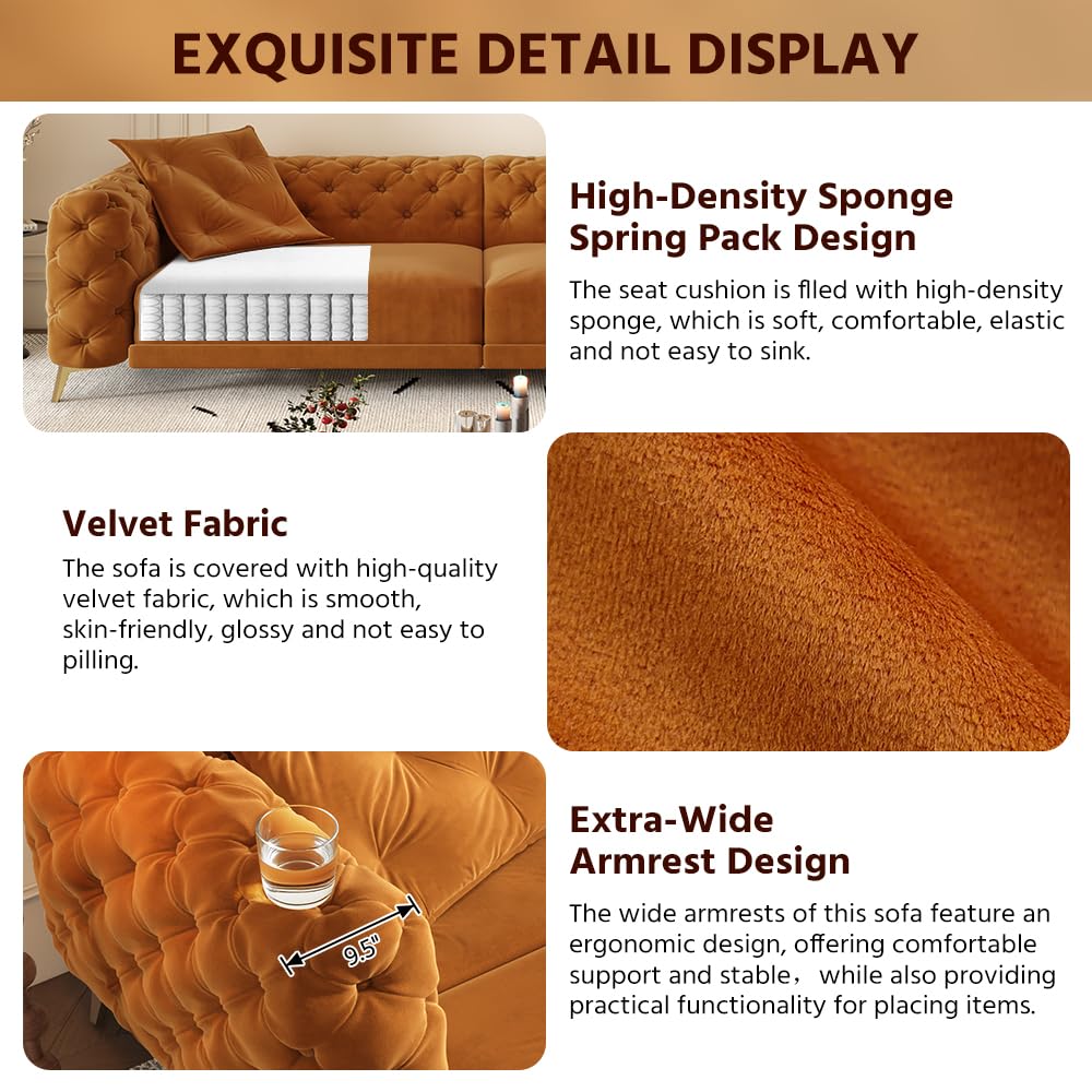 Orange Velvet Convertible Sleeper Sofa with Ottoman Q2713