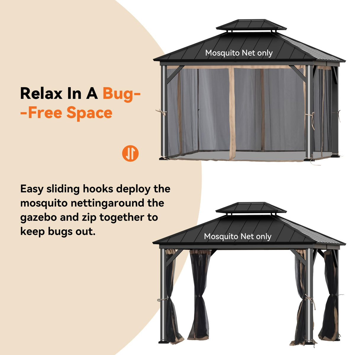 Outdoor Gazebo Mosquito Netting Replacement 4-Panel Sidewalls 11' x 13' N4475