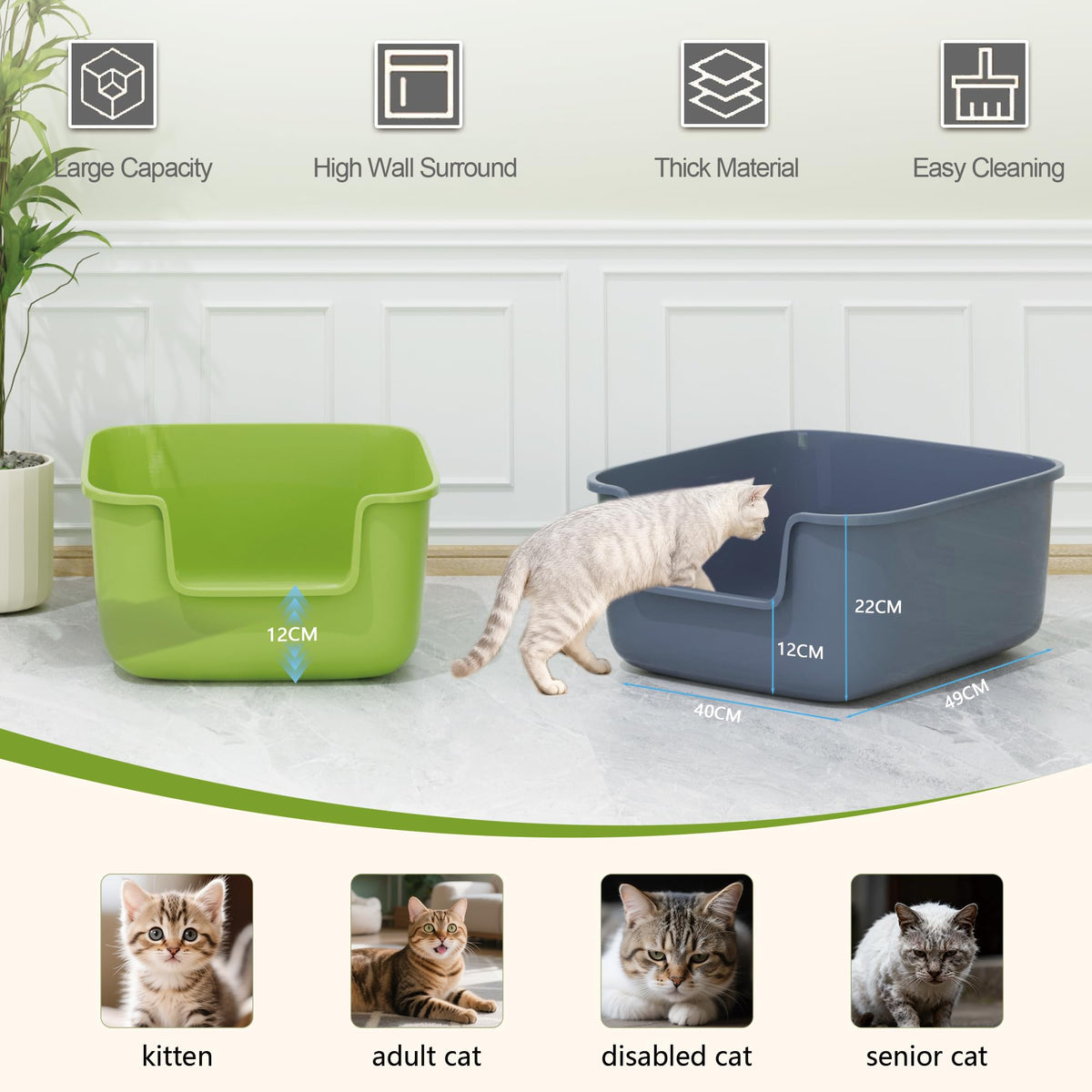 Large High Sided Cat Litter Box with Scoop 2 Pack S518