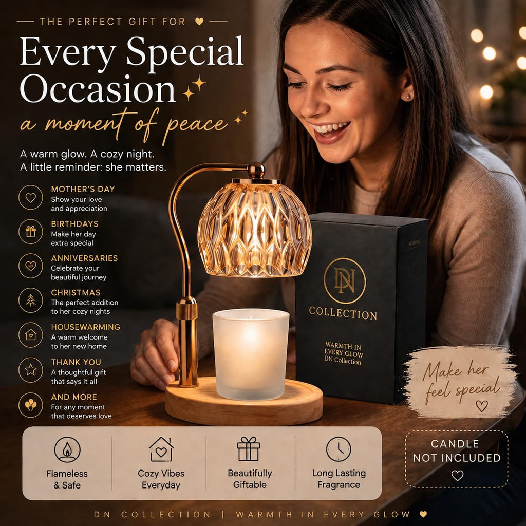 Candle Warmer Lamp with Timer & Dimmer, Adjustable Height, Crystal Glass Shade, Wooden Base, Gold S5100