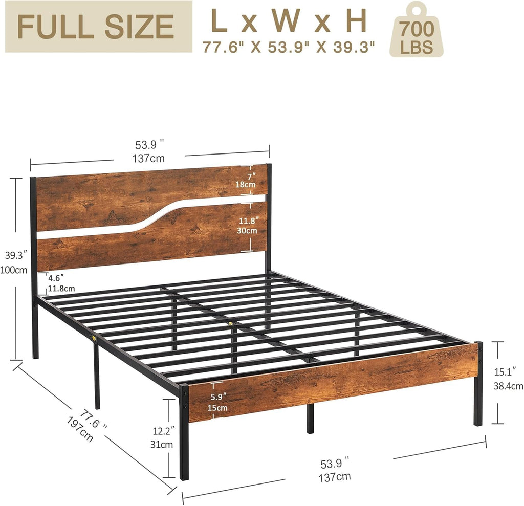 Full Size Metal Platform Bed with Wooden Headboard and Footboard J68681