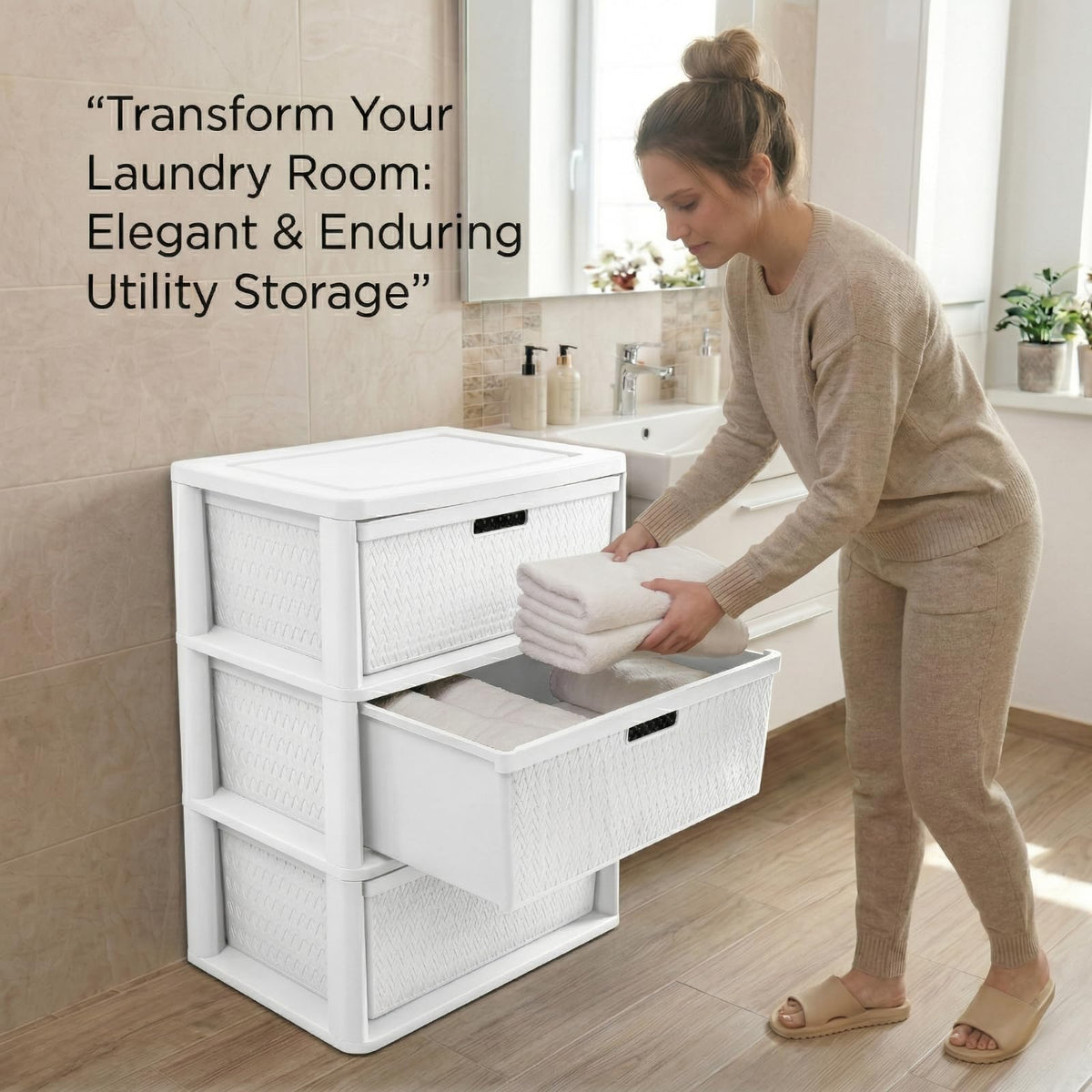 Opaque White 3-Drawer Plastic Storage Tower K36578
