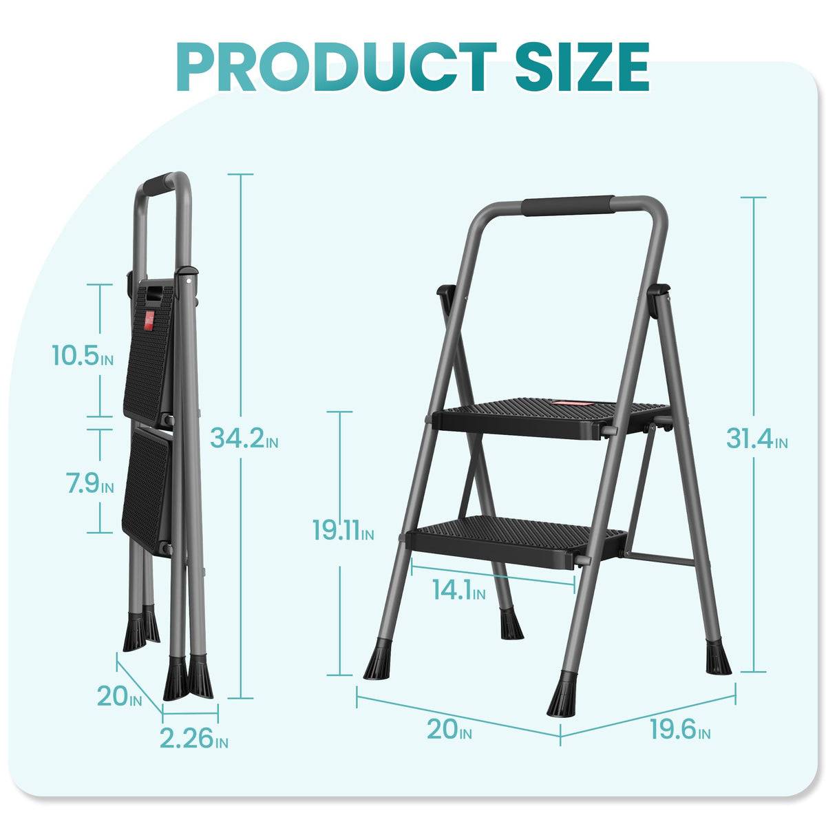 2 Step Folding Step Ladder 300 lbs Capacity with Handrail Gray I524986