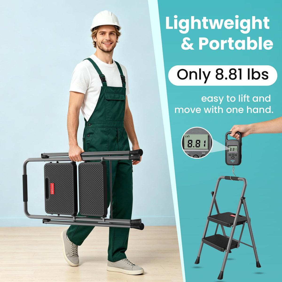 2 Step Folding Step Ladder 300 lbs Capacity with Handrail Gray I524986