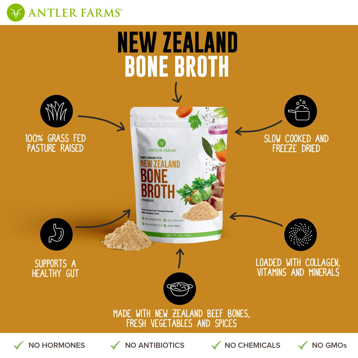 100% Grass Fed New Zealand Bone Broth Powder, 40 Servings, 200g W6904