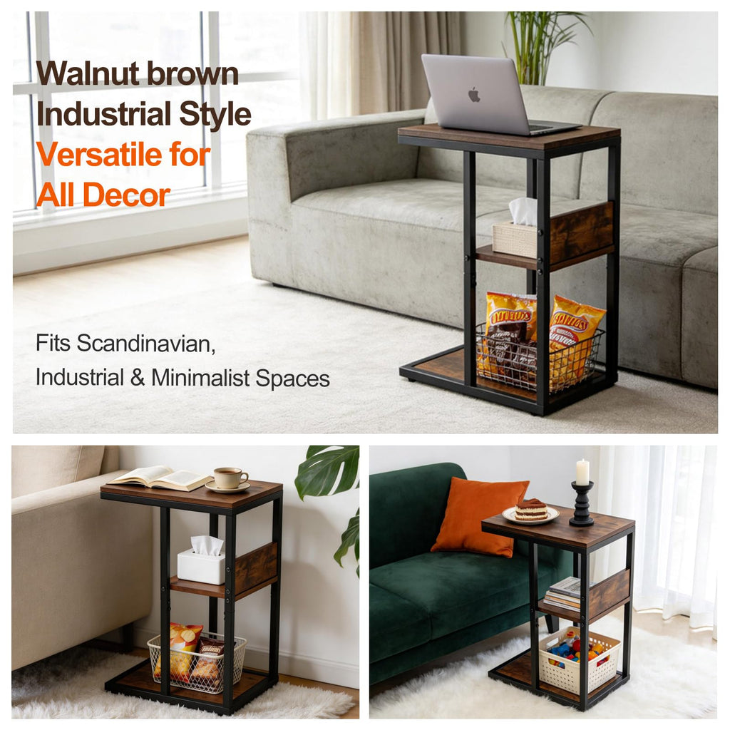 Brown 3 Tier C-Shaped Side Table with Storage Shelves and Metal Frame L87123