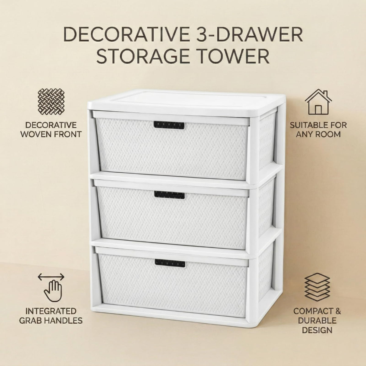 Opaque White 3-Drawer Plastic Storage Tower K36578