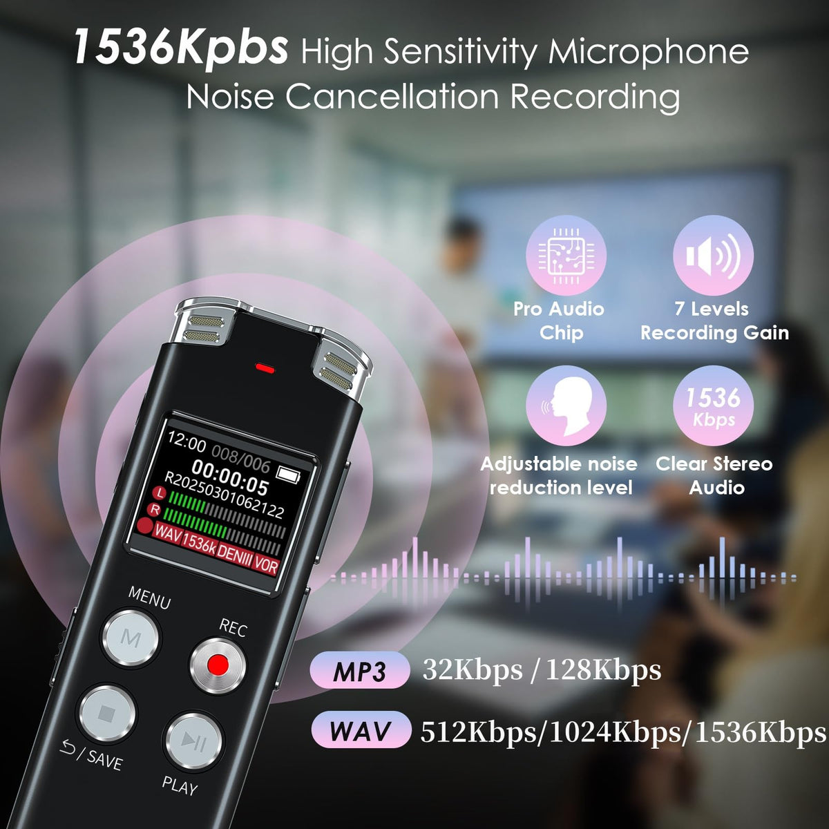 64GB Digital Voice Recorder with Playback A3808