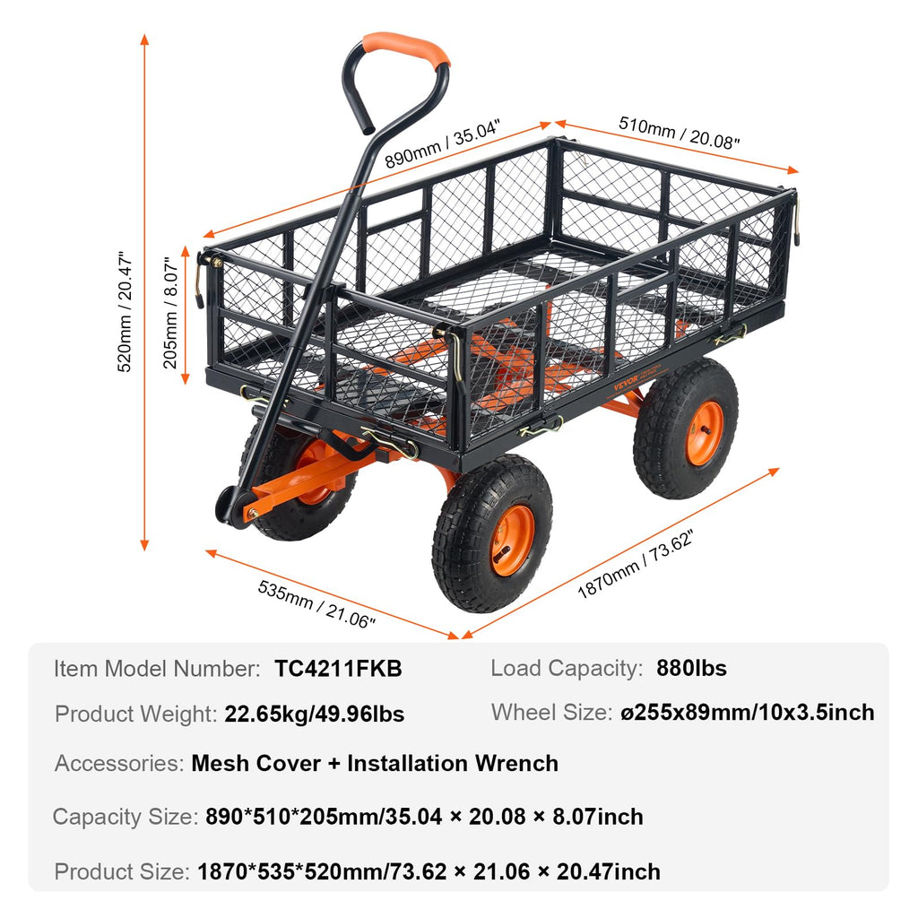 880lbs Steel Garden Dump Cart Utility Wagon with Removable Sides T353