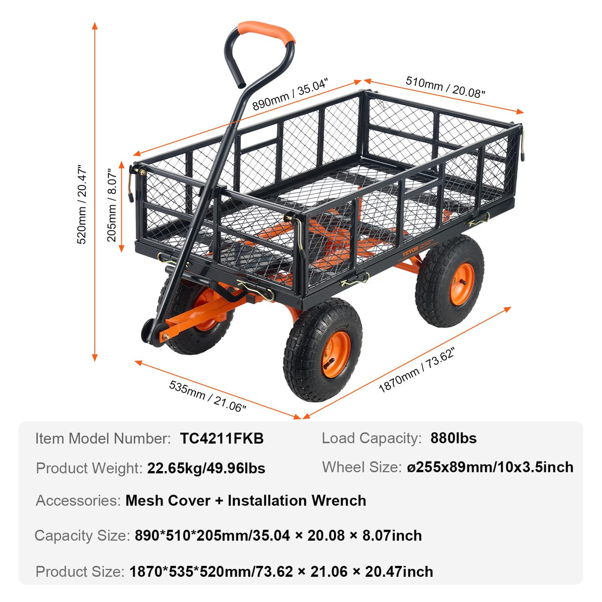 880lbs Steel Garden Dump Cart Utility Wagon with Removable Sides T353