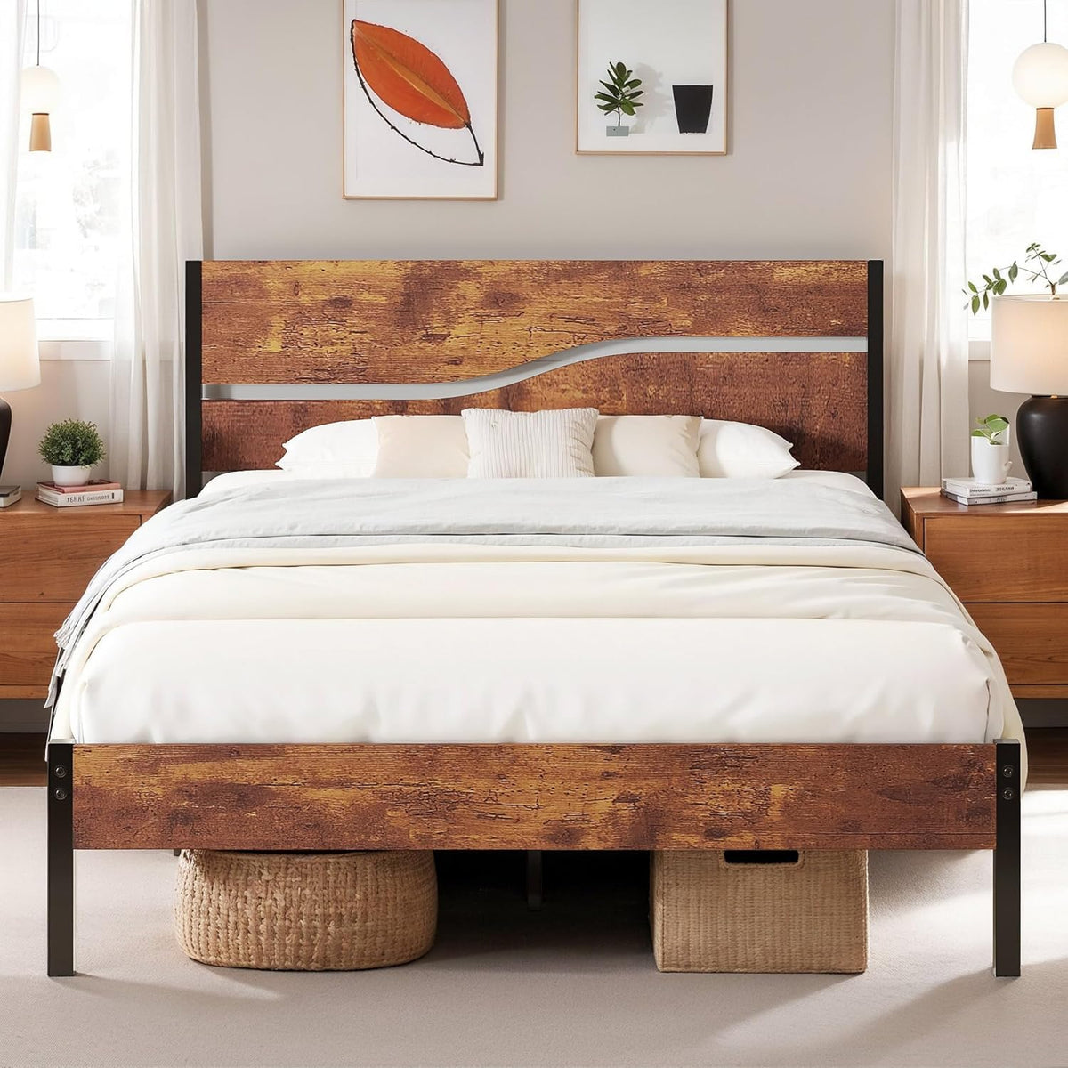 Full Size Metal Platform Bed with Wooden Headboard and Footboard J68681