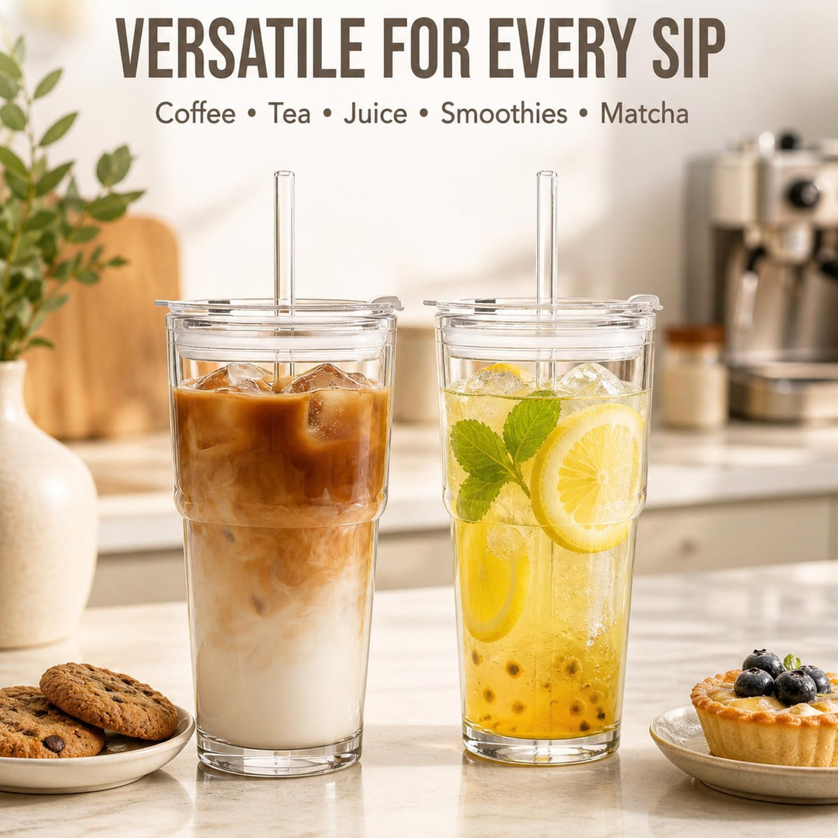 20oz Clear Glass Tumbler with Lid and Straws, Set of 2 U217