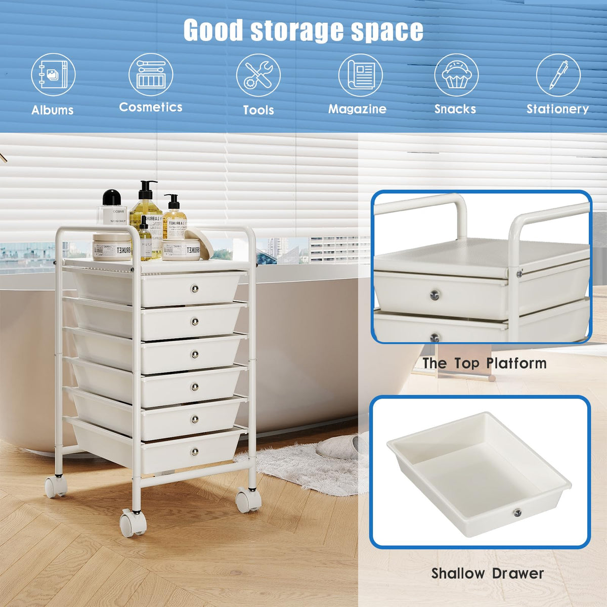 White 6-Tier Rolling Storage Cart with Drawers V76684