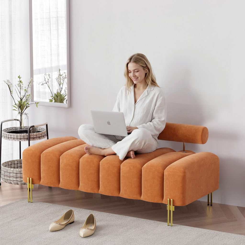 Orange Velvet Ottoman Bench S49365