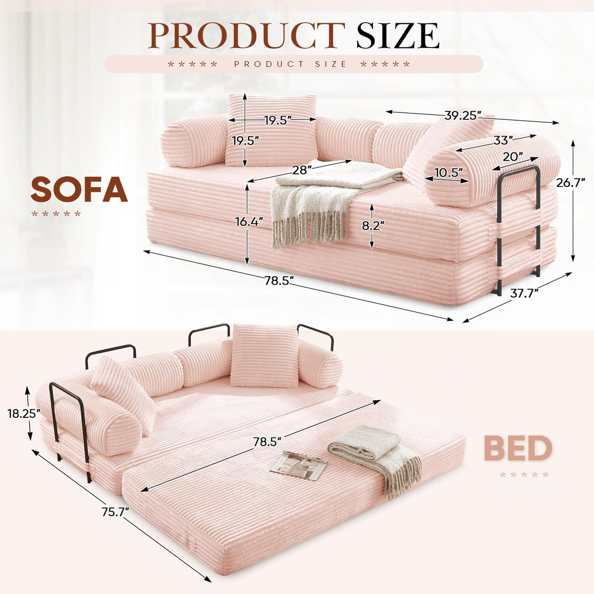 Pink Corduroy Convertible Sleeper Sofa Bed J24662
