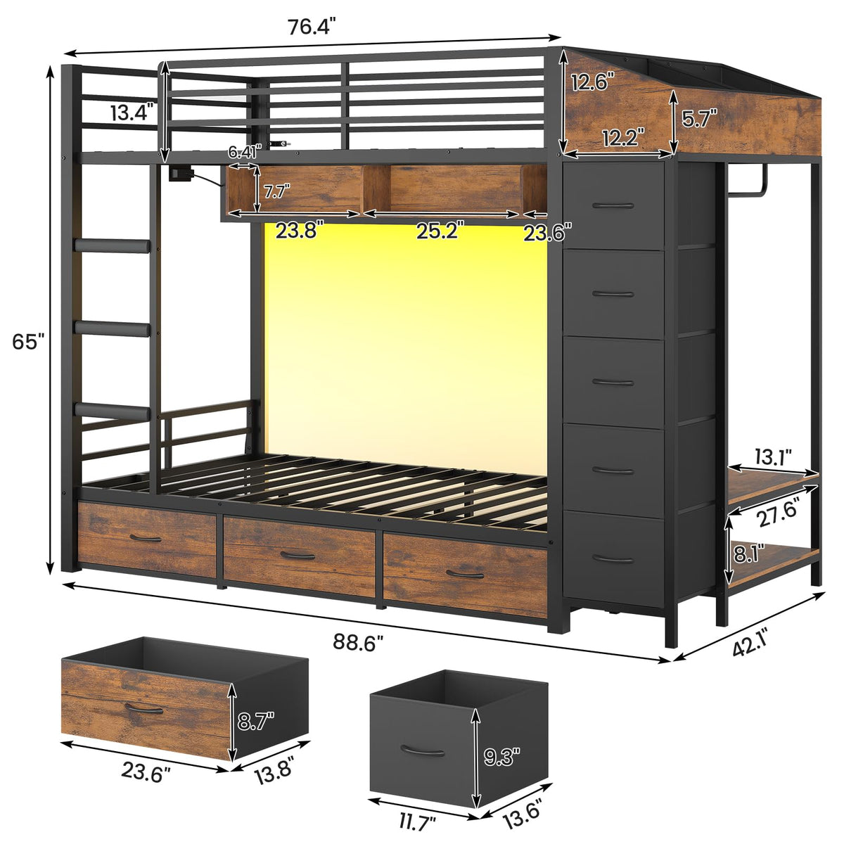 Twin Over Twin Bunk Bed with 8 Storage Drawers and Power Outlets, LED Metal Bunk Bed with Ladder, Black H707
