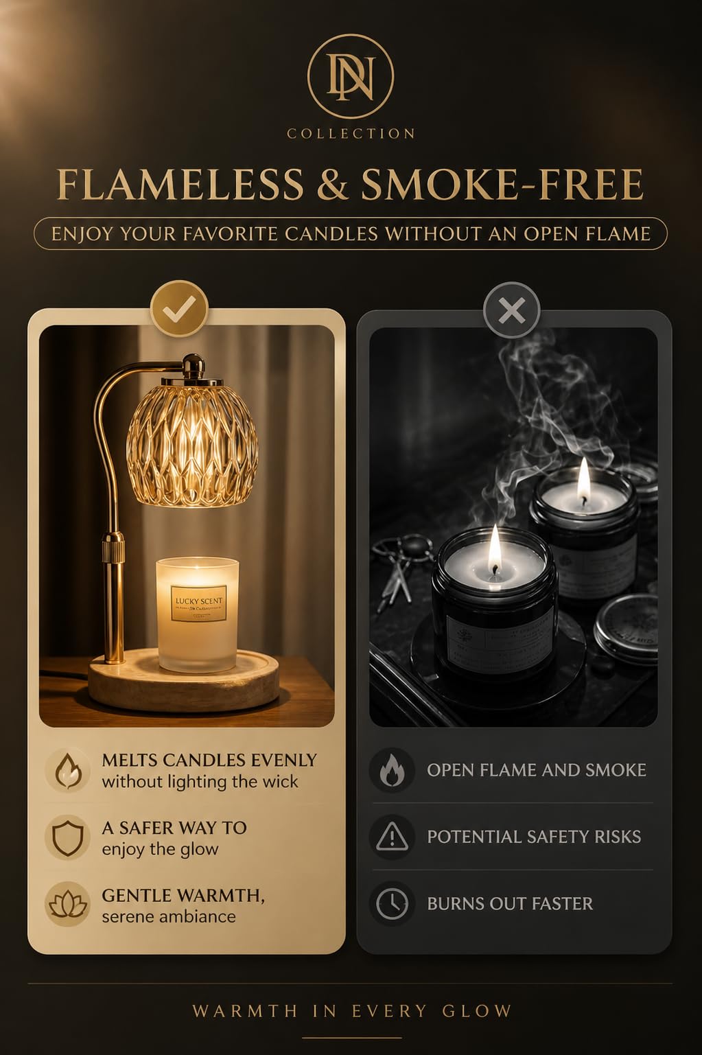Candle Warmer Lamp with Timer & Dimmer, Adjustable Height, Crystal Glass Shade, Wooden Base, Gold S5100