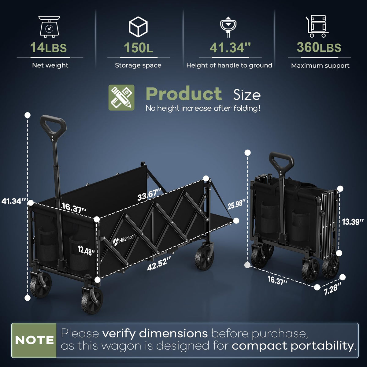 43'' Extra Long Folding Wagon with Extended Tailgate, Black C955141