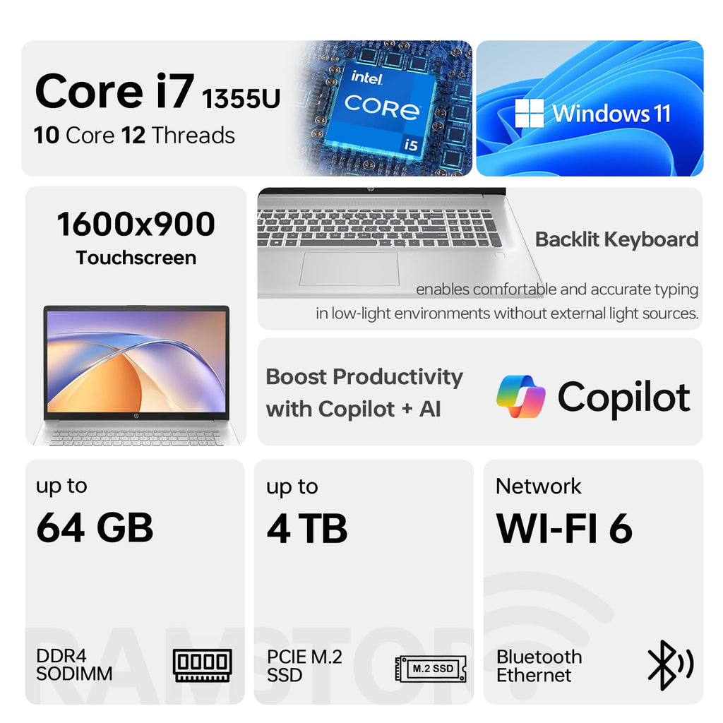 17.3" HD+ Touchscreen Laptop, Intel Core i7, 16GB RAM, 512GB SSD, Silver B46288