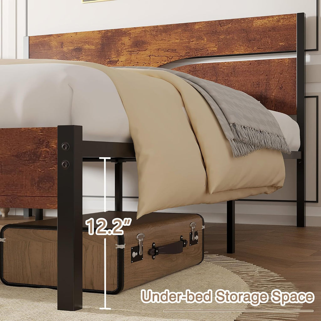 Full Size Metal Platform Bed with Wooden Headboard and Footboard J68681