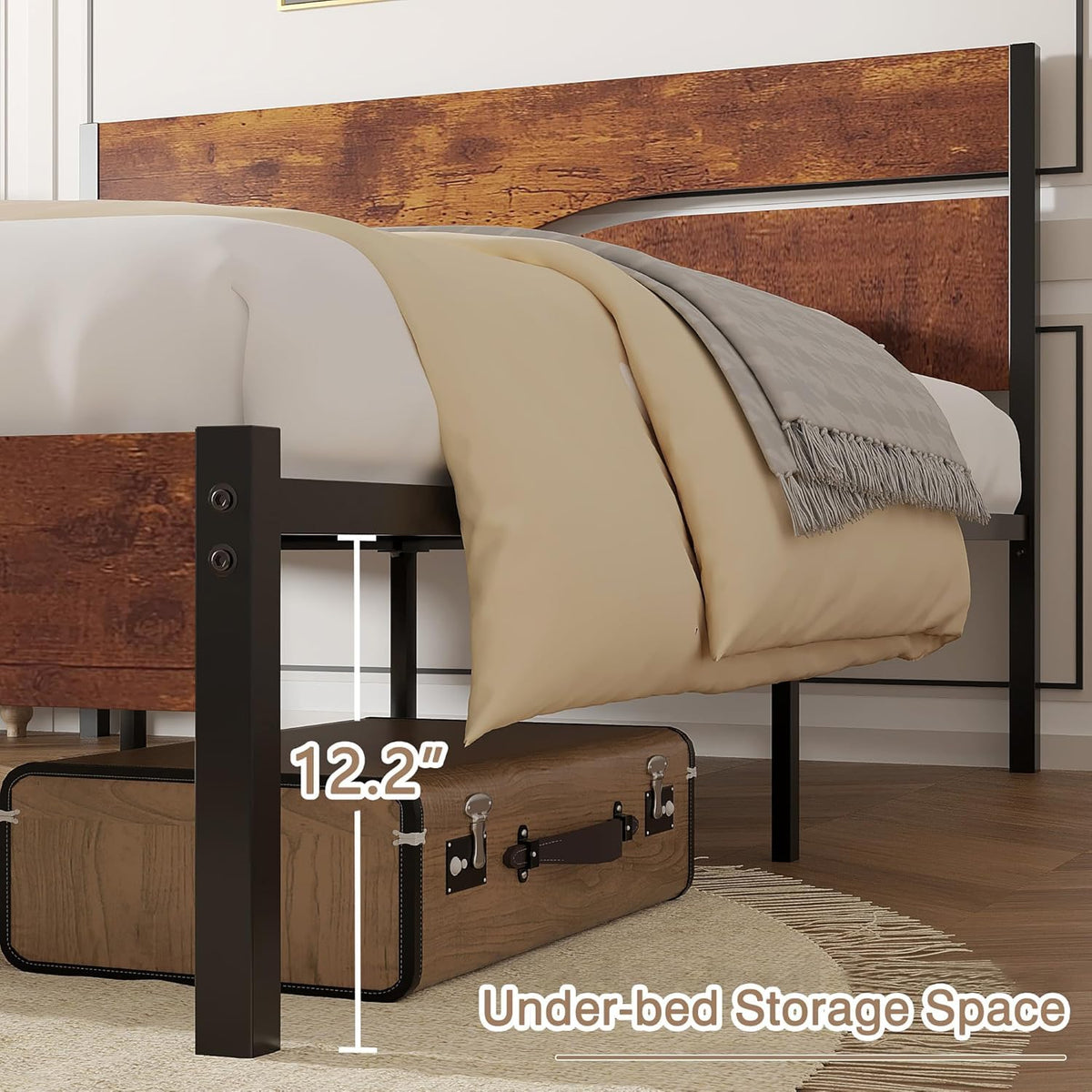 Full Size Metal Platform Bed with Wooden Headboard and Footboard J68681