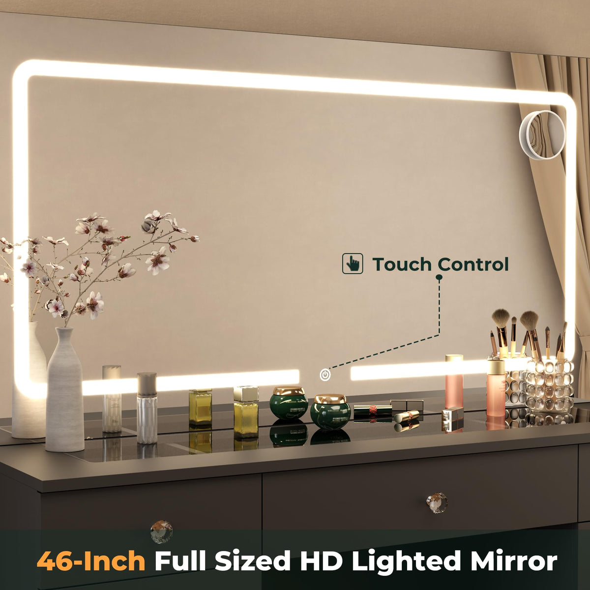 Black 11 Drawer Vanity Desk with Lighted Mirror L632645