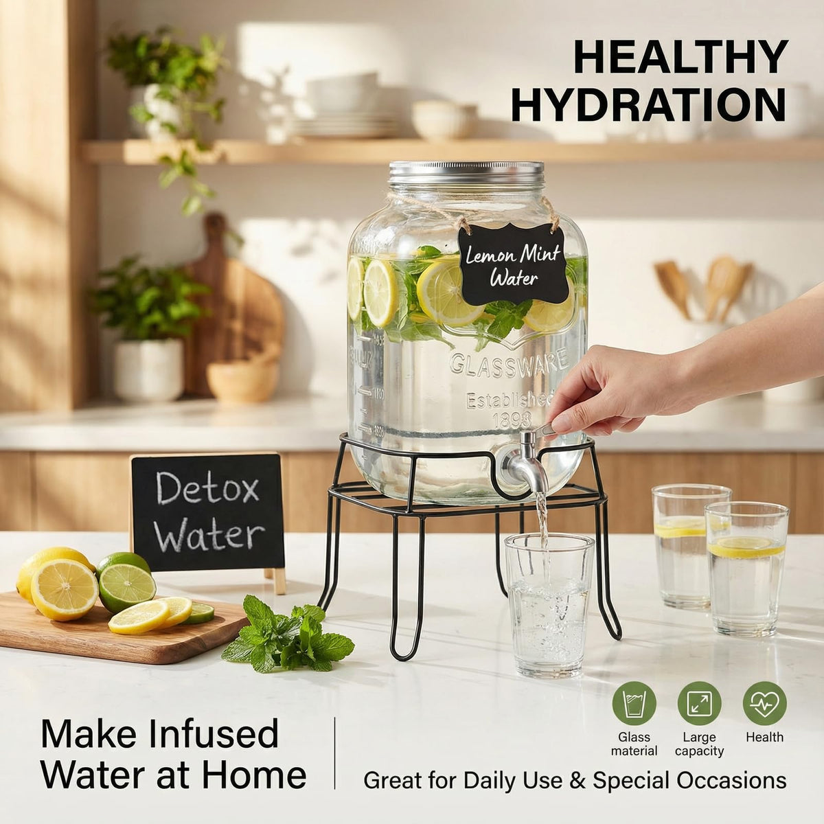 2 Gallon Glass Drink Dispenser with Stand N159