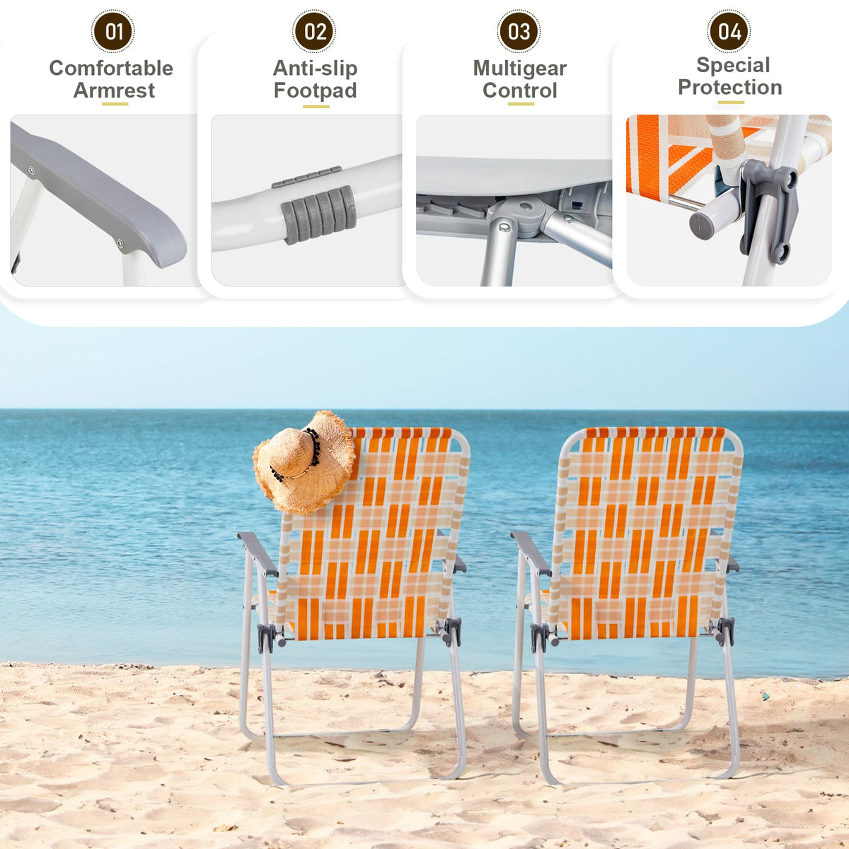 Folding Webbed Patio Chair Set of 2 Orange & White N661