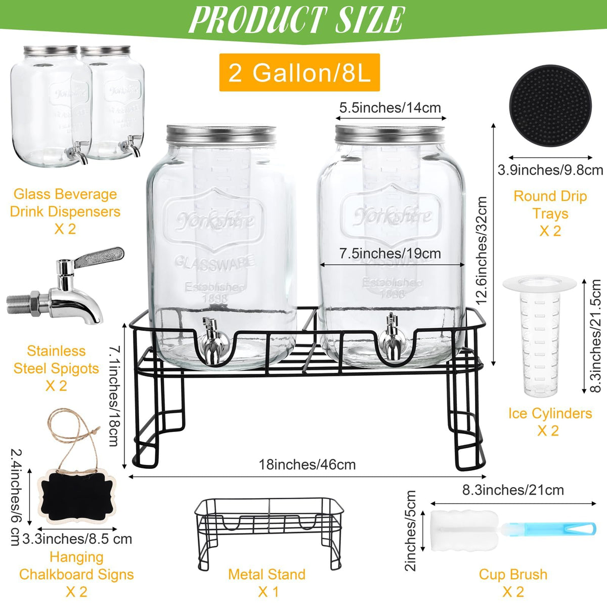 2 Pcs 2 Gallon Glass Beverage Dispenser with Stand C827