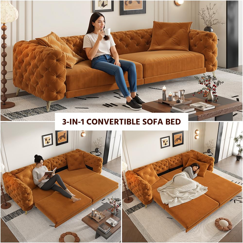 Orange Velvet Convertible Sleeper Sofa with Ottoman Q2713